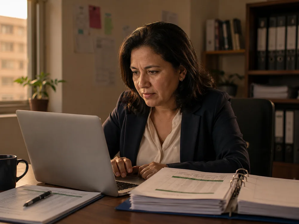 Dueña de empresa peruana revisando planillas en su oficina