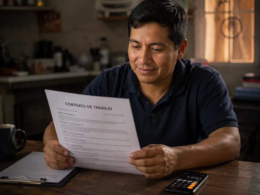 Trabajador peruano revisando contrato laboral