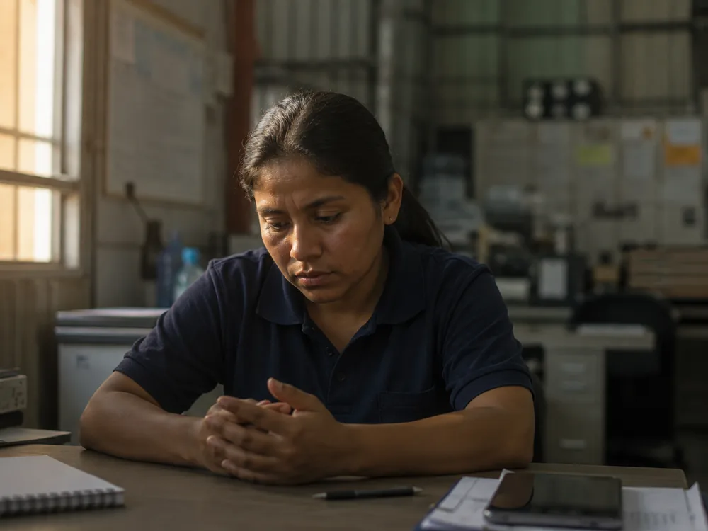 Trabajadora peruana con expresión de stress en su lugar de trabajo