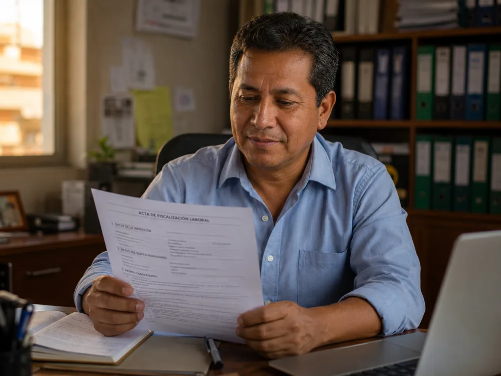 Empresario peruano revisando documento legal de fiscalización con calma profesional