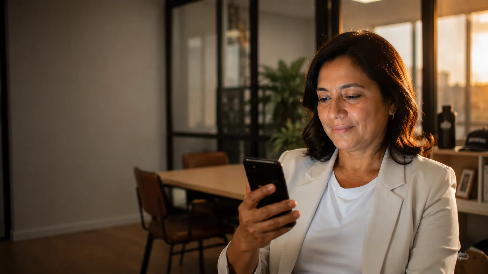 Dueña de empresa peruana consultando un tema laboral con Justo desde su oficina
